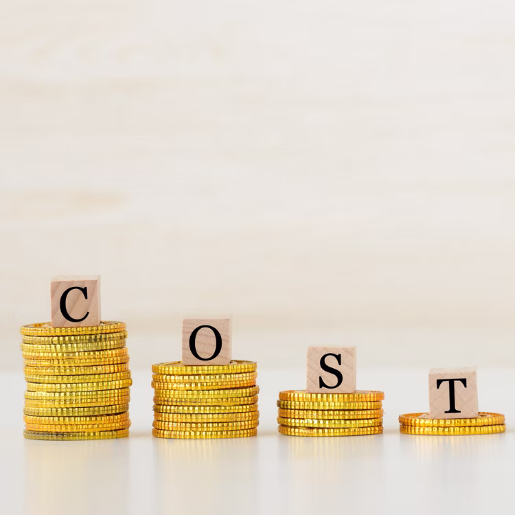 coins in stacks with letter blocks spelling out cost
